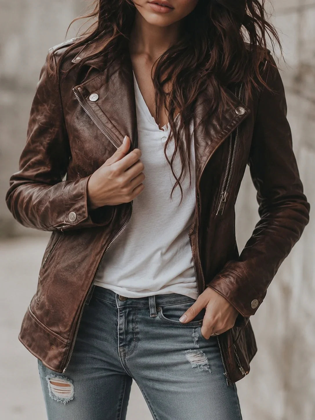 Women's Lapel Vintage Faux Leather Jacket