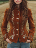Vintage Microsuede Floral Embroidery Distressed Button Slim-Fit Jacket