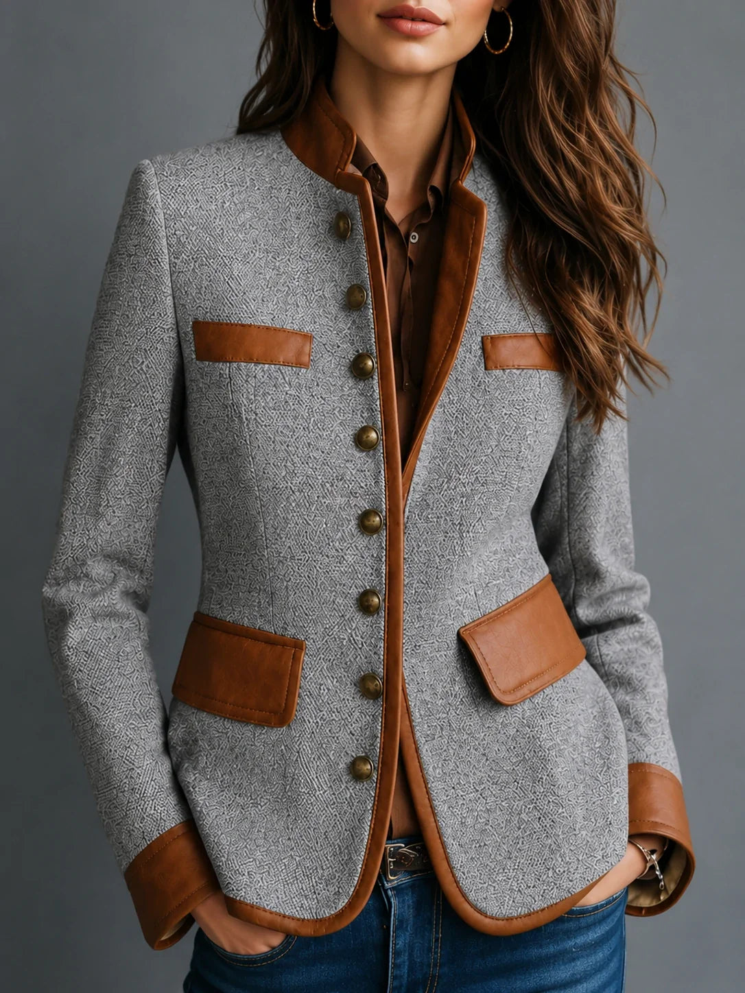 Vintage Eco-Leather Trim Pocket Tweed Jacket