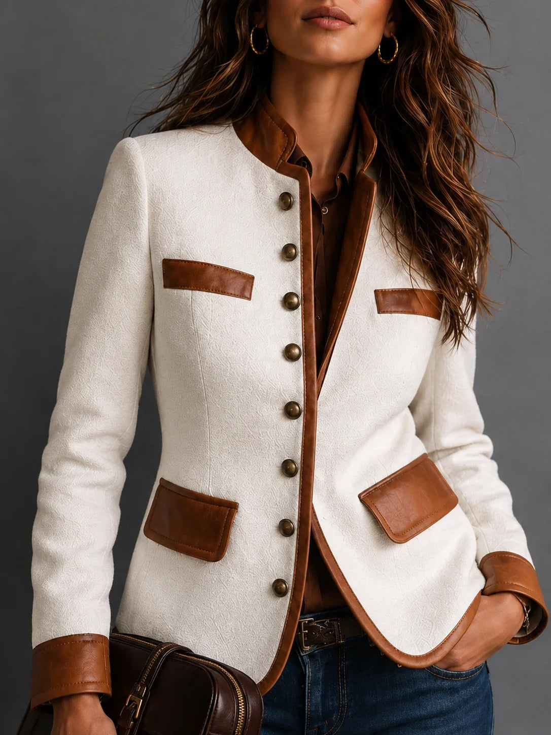 Vintage Eco-Leather Trim Pocket Tweed Jacket