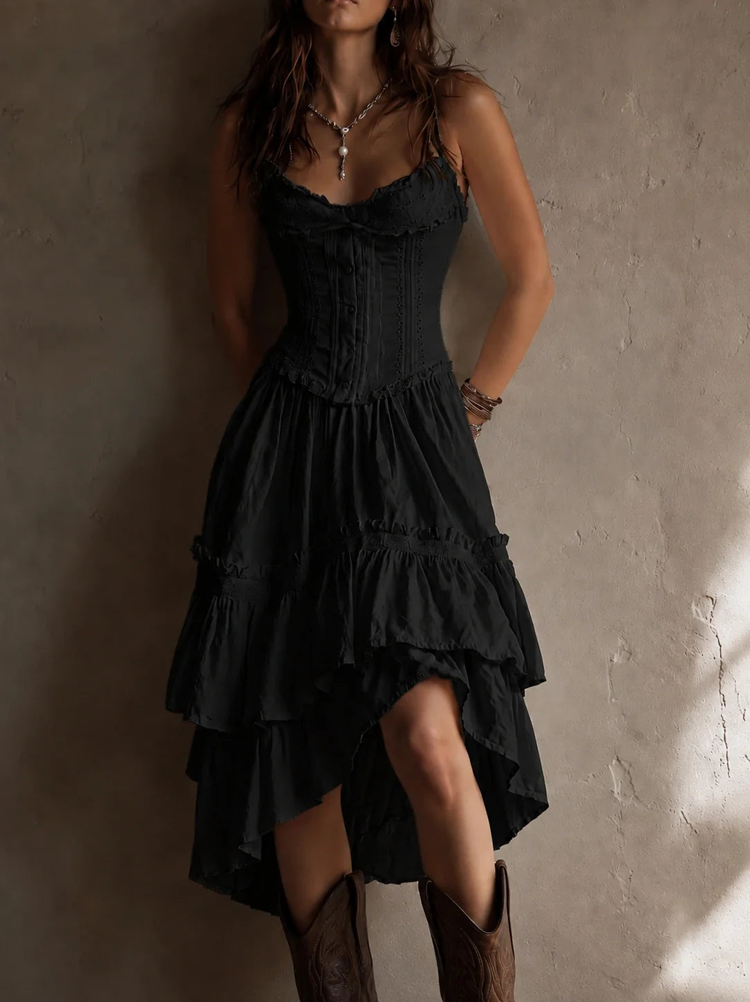 Retro Boho White Corset Tiered Midi Dress With Lace-Trim