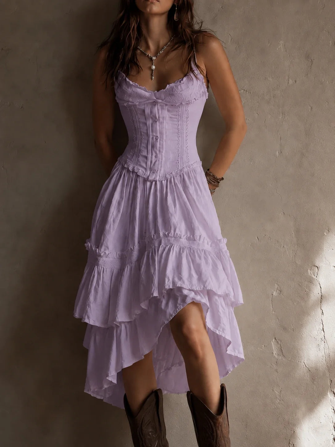 Retro Boho White Corset Tiered Midi Dress With Lace-Trim