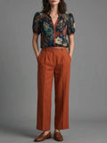 Dark Floral Sheer Blouse & Rust Wide-Leg Trousers Set