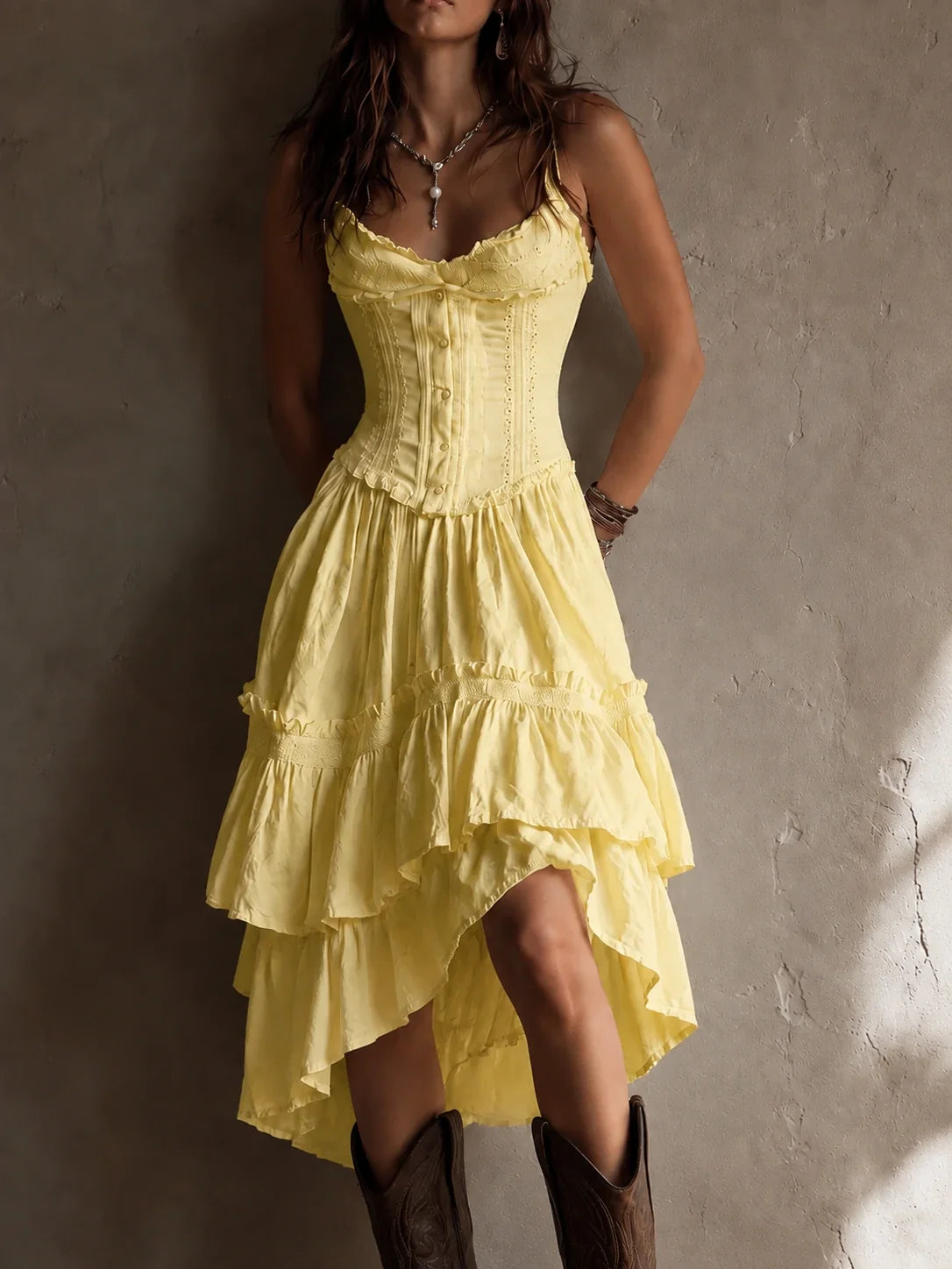 Retro Boho White Corset Tiered Midi Dress With Lace-Trim