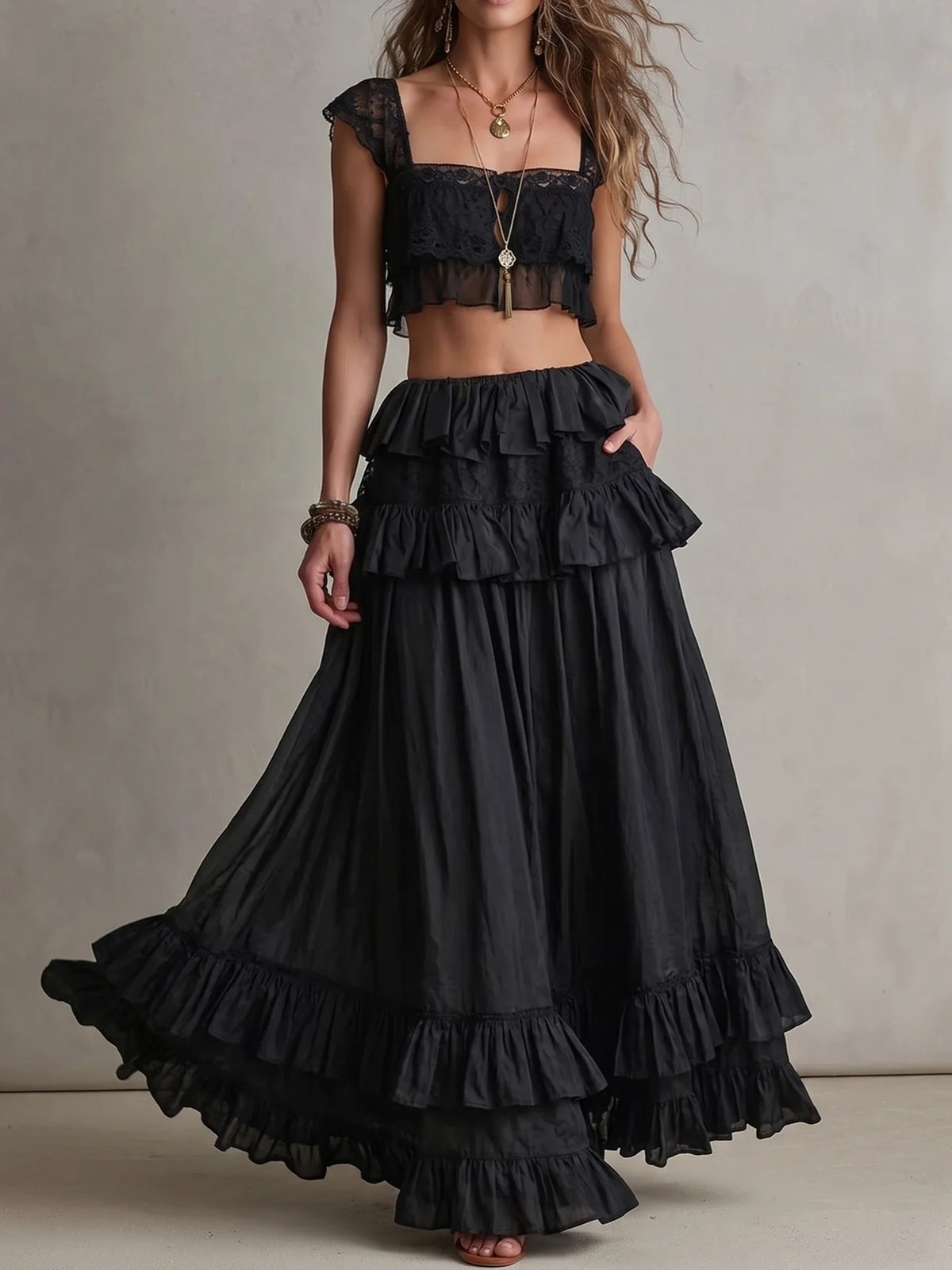 Square Neck Lace Crop Top & Tiered Ruffle High Waist Maxi Skirt Set