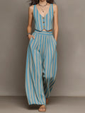 Blue and White Striped V-Neck Cropped Vest and Wide-Leg Pants Co-ord Set