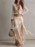 Ruffle Crop Top & Lace Slit Chiffon Maxi Skirt Two Piece Set
