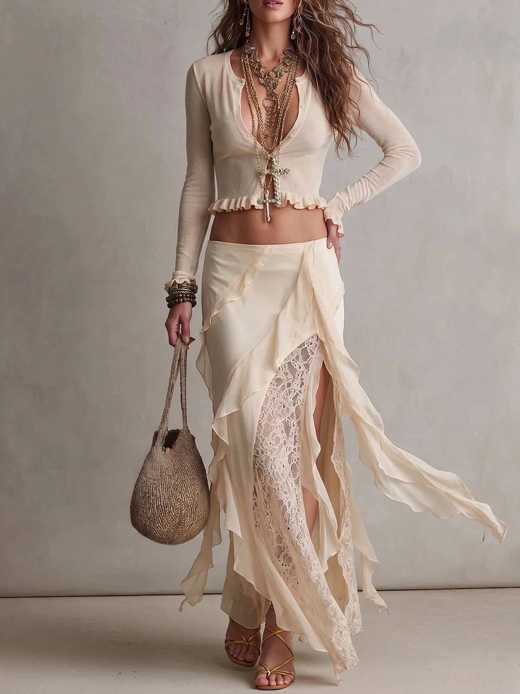 Ruffle Crop Top & Lace Slit Chiffon Maxi Skirt Two Piece Set