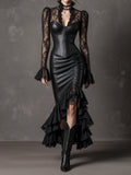 Black Lace Spliced Leather Corset Asymmetric Mermaid Skirt Set