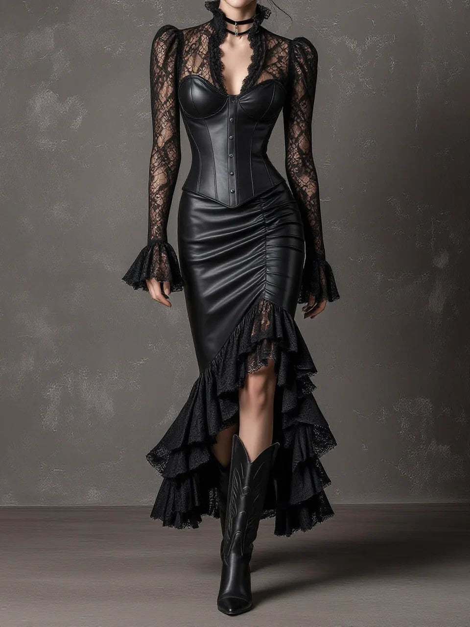 Black Lace Spliced Leather Corset Asymmetric Mermaid Skirt Set