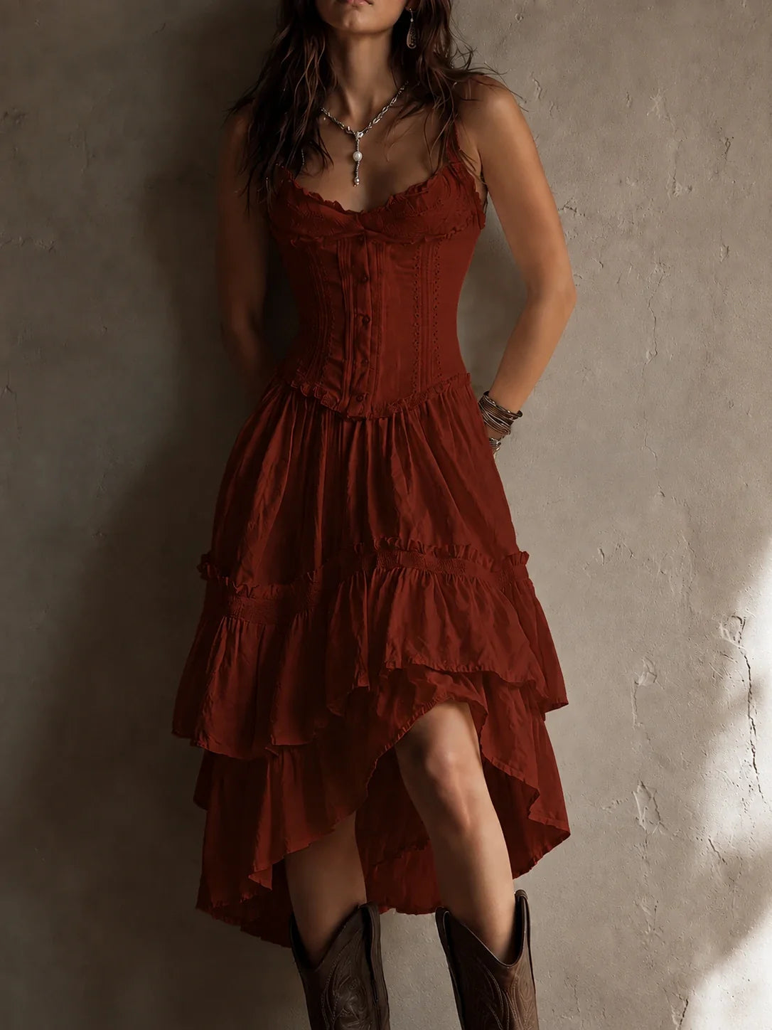 Retro Boho White Corset Tiered Midi Dress With Lace-Trim