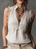 Vintage Zippered Collar Lace-trimmed Cotton Linen Tank Top