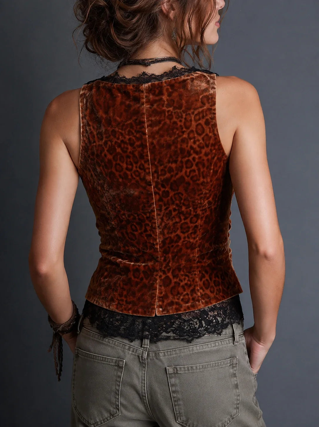 Caramel Velvet Leopard Lace Button Vest