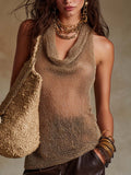 Bohemian Holiday Sheer Mesh Cowl Neck Tank Top