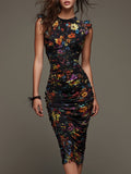 Elegant Printed Midi Dress With Ruffled Sleeves And Pleats