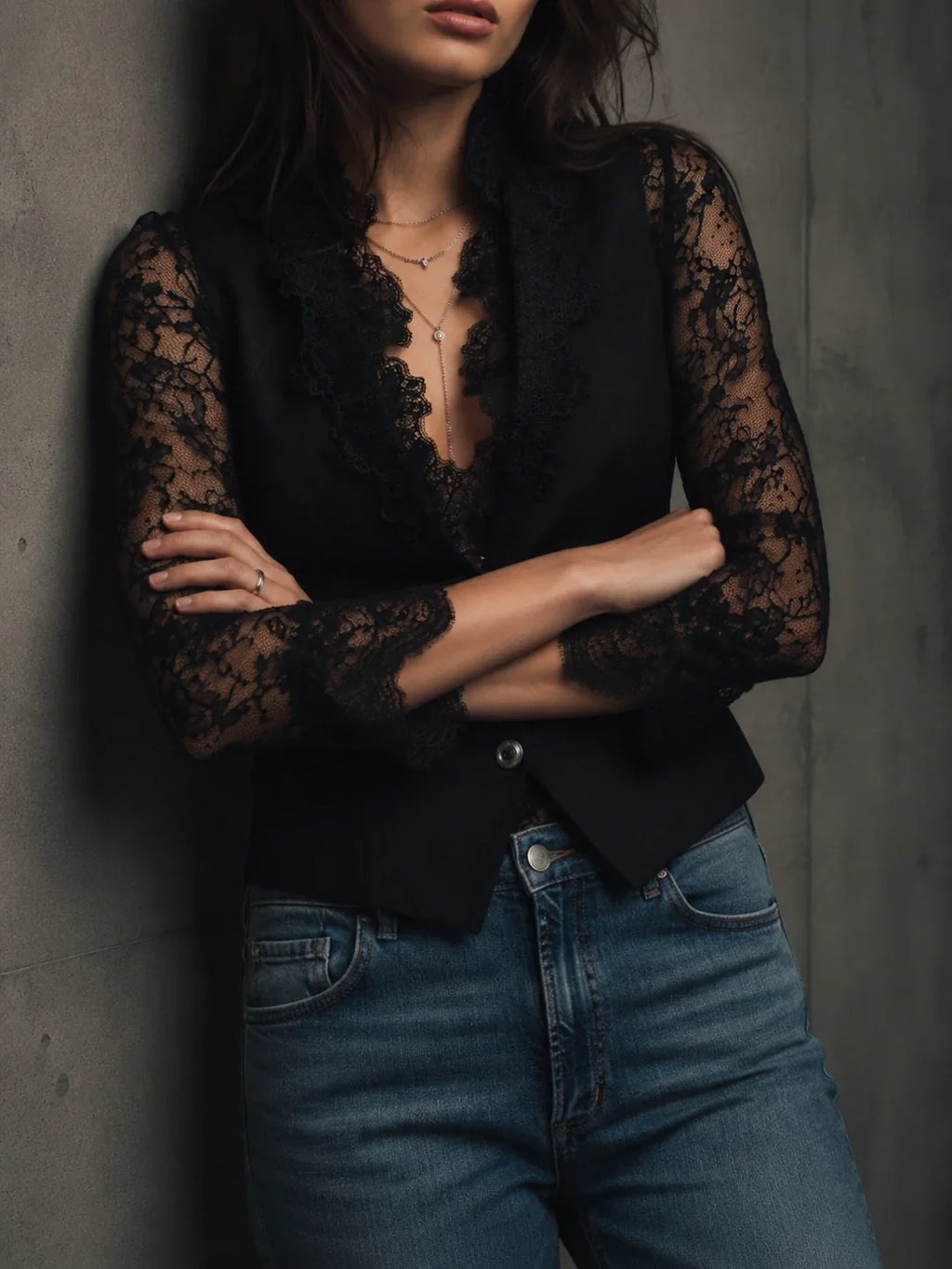Elegant Black Lace Panel Sleeve Blazer Top Vest