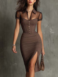 Retro Sheer Neckline Slit Hem Midi Dress