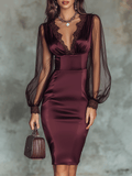 Elegant Wine Red Satin Sheer Balloon Sleeves Midi Dress