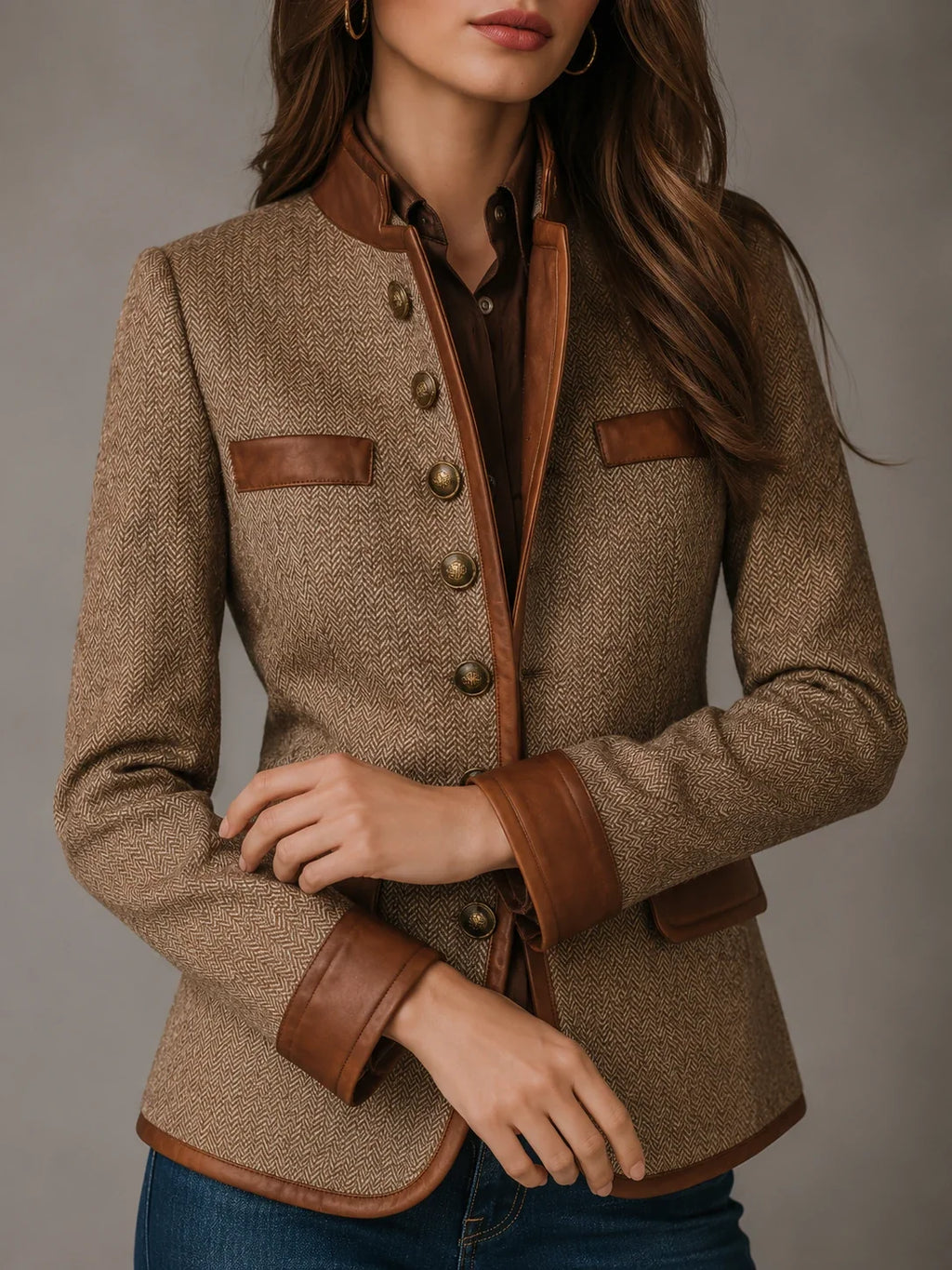 Vintage Eco-Leather Trim Pocket Tweed Jacket