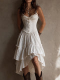 Retro Boho White Corset Tiered Midi Dress With Lace-Trim