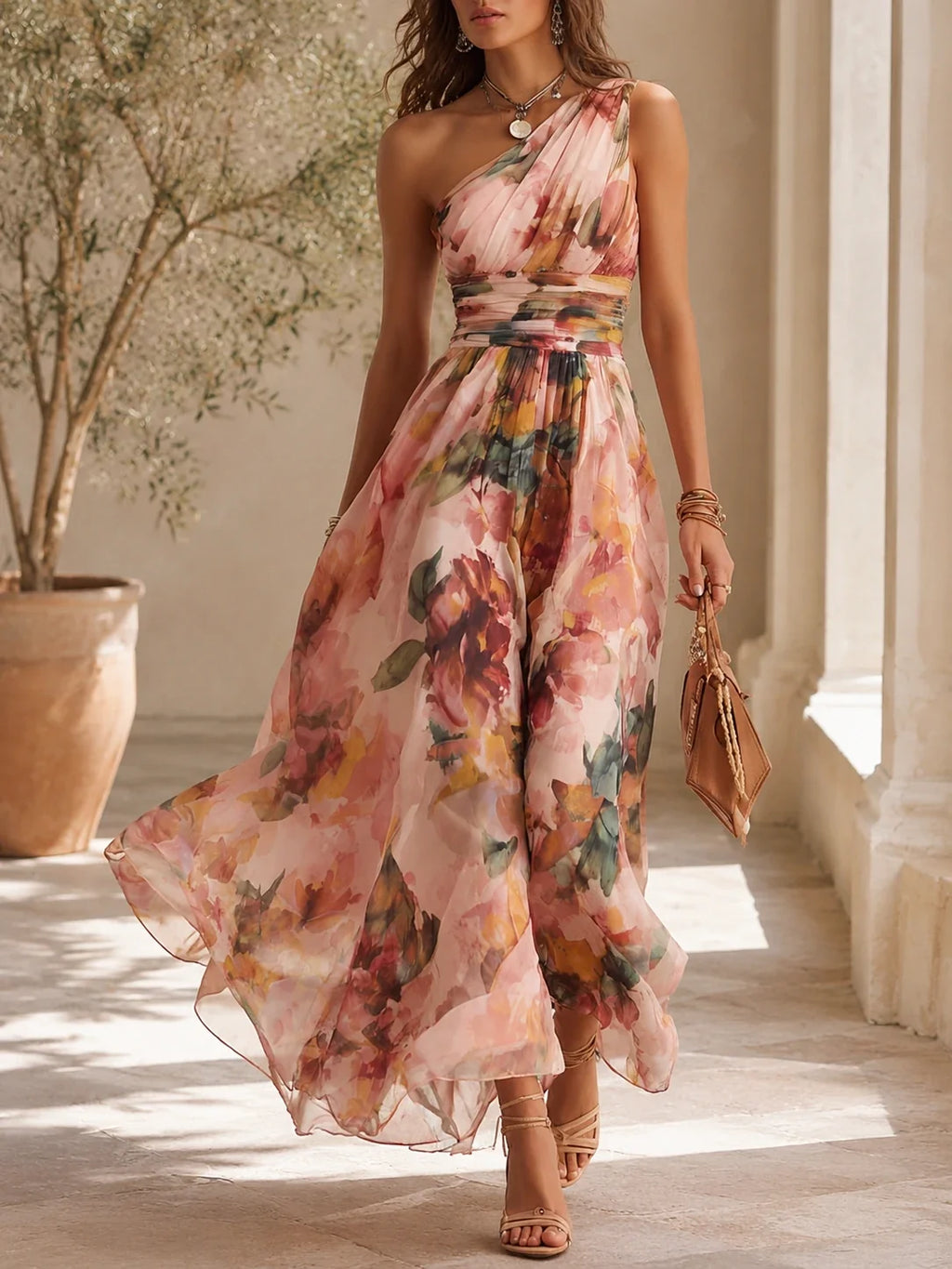 Retro One-Shoulder Oil-Painting Style Floral Chiffon Midi Dress