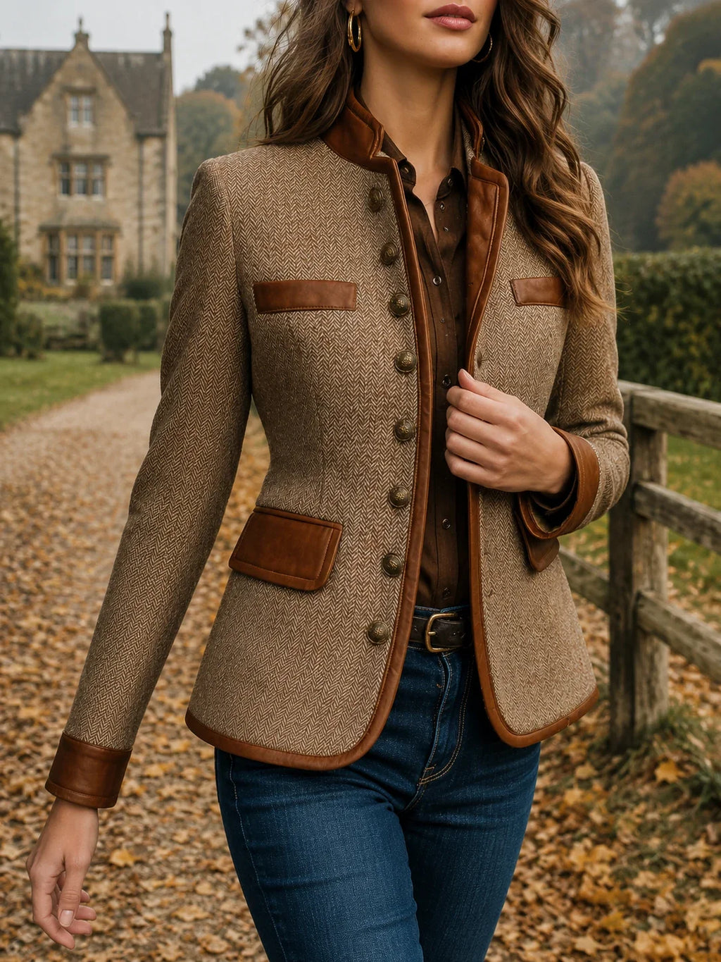Vintage Eco-Leather Trim Pocket Tweed Jacket