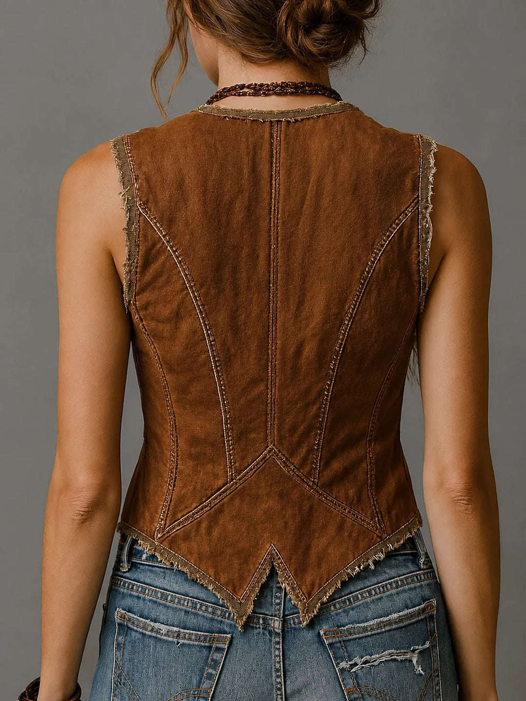 Washed Caramel Denim With Brass Button Stitching Vest