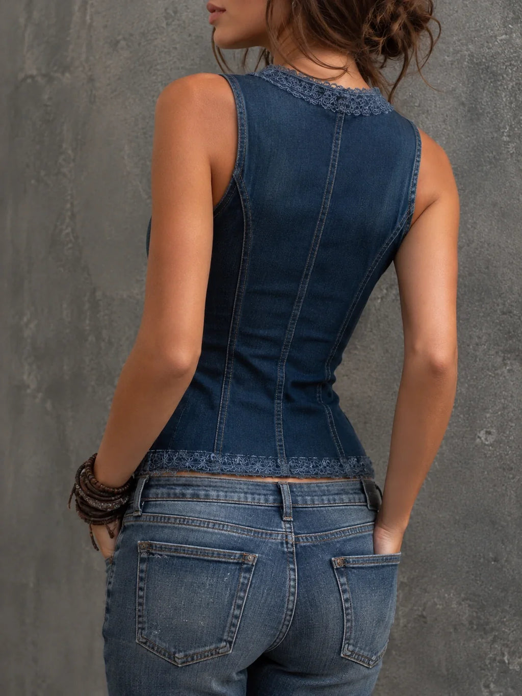 Vintage Lace Trim Denim Vest