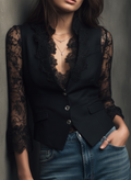Elegant Black Lace Panel Sleeve Blazer Top Vest