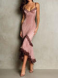 Elegant Blush Satin Lace-Trim Slip Midi Dress With Asymmetric Hem