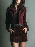Retro Burgundy Suede Cropped Jacket & Mini Skirt Two-Piece Set