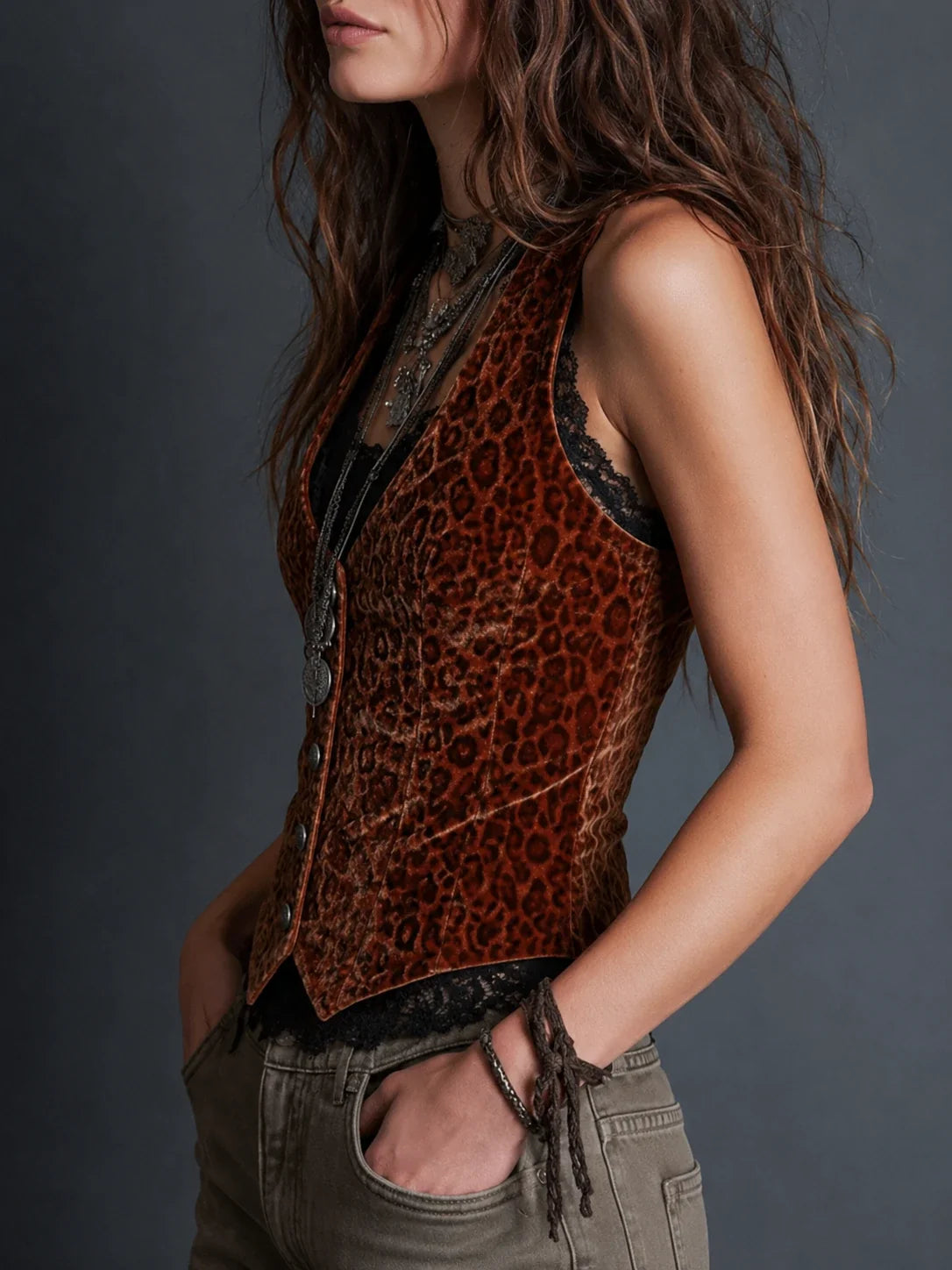 Caramel Velvet Leopard Lace Button Vest