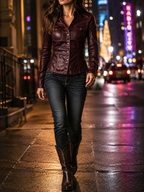 Burgundy Eco Leather Western-Fit Shirt Jacket