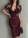 Elegant Satin Mesh Splicing Midi Dress With Lace