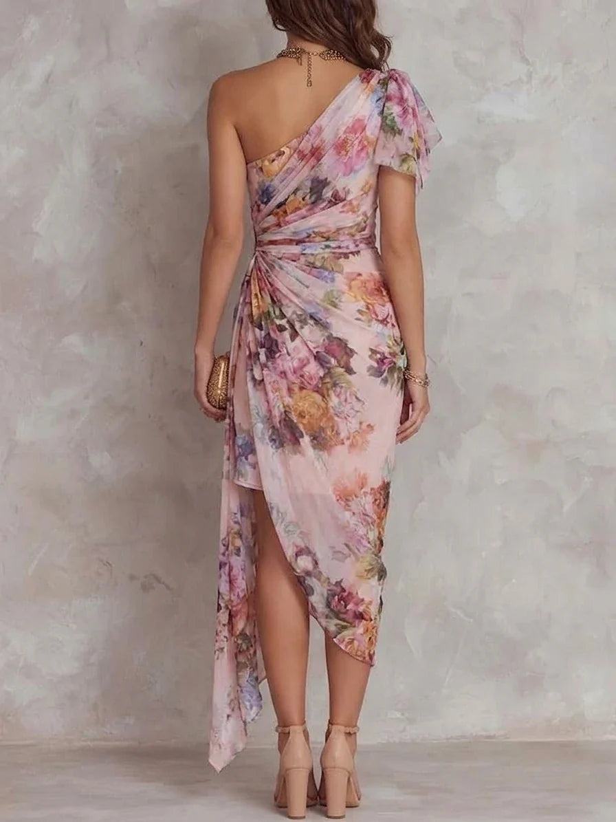 Vintage-Elegant One-Shoulder Floral Chiffon Midi Dress