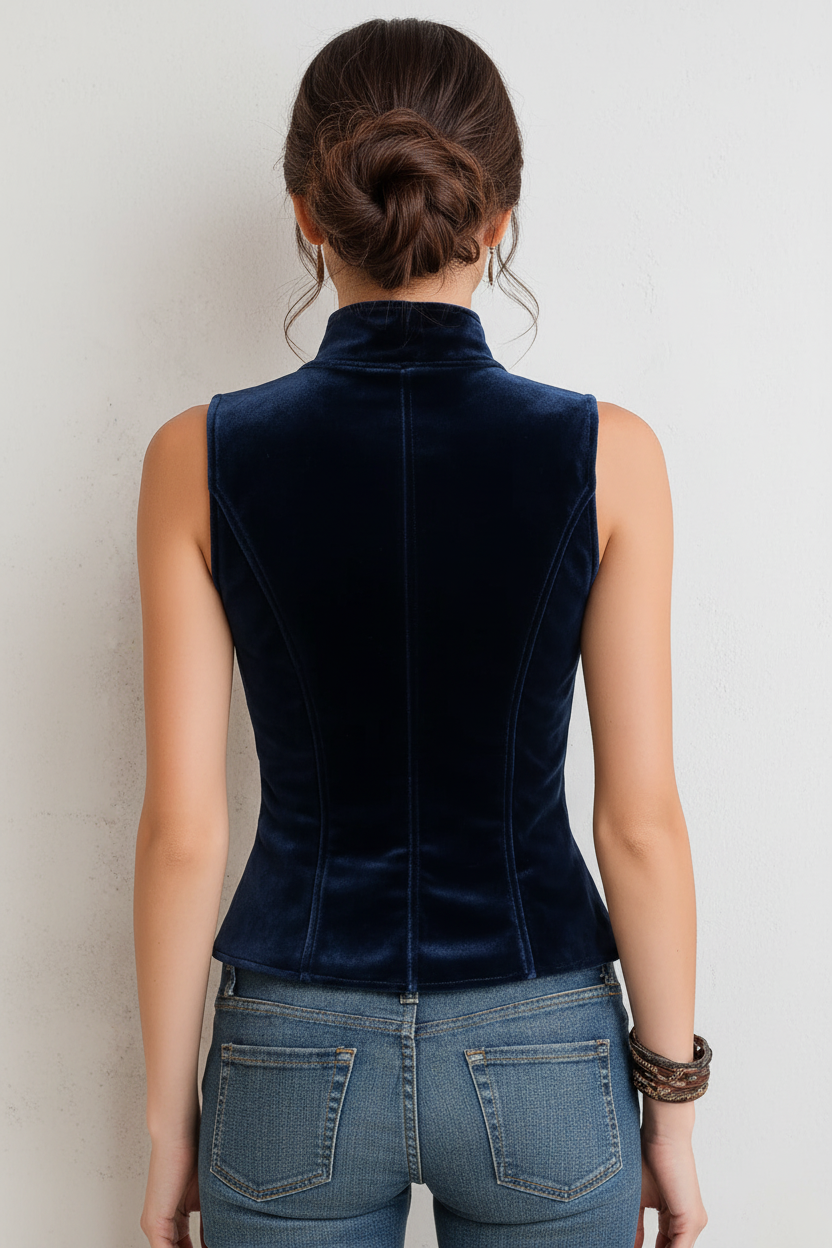 Vintage Stand Collar Button Velvet Vest