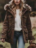 Women's Vintage Fur Hooded Work Windbreaker Jacket